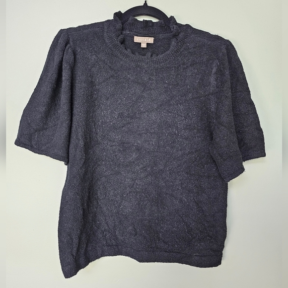 Lilla P Elbow Half Sleeve Ruffle Mock Neck Cashmere Blend Sweater, Black, Medium - Picture 5 of 8